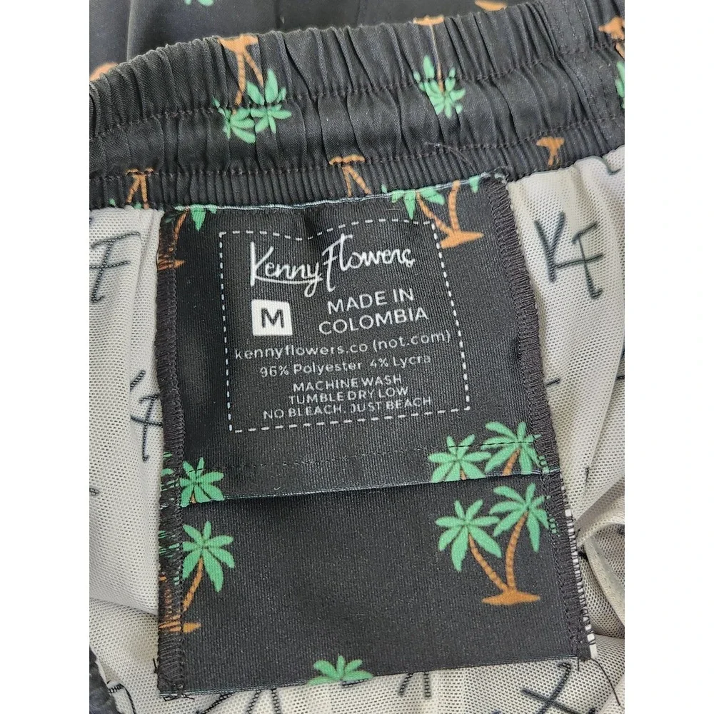 Kenny Flowers Swim Trunks Mens Medium Black Leopard Palm Tree Print Back Pocket